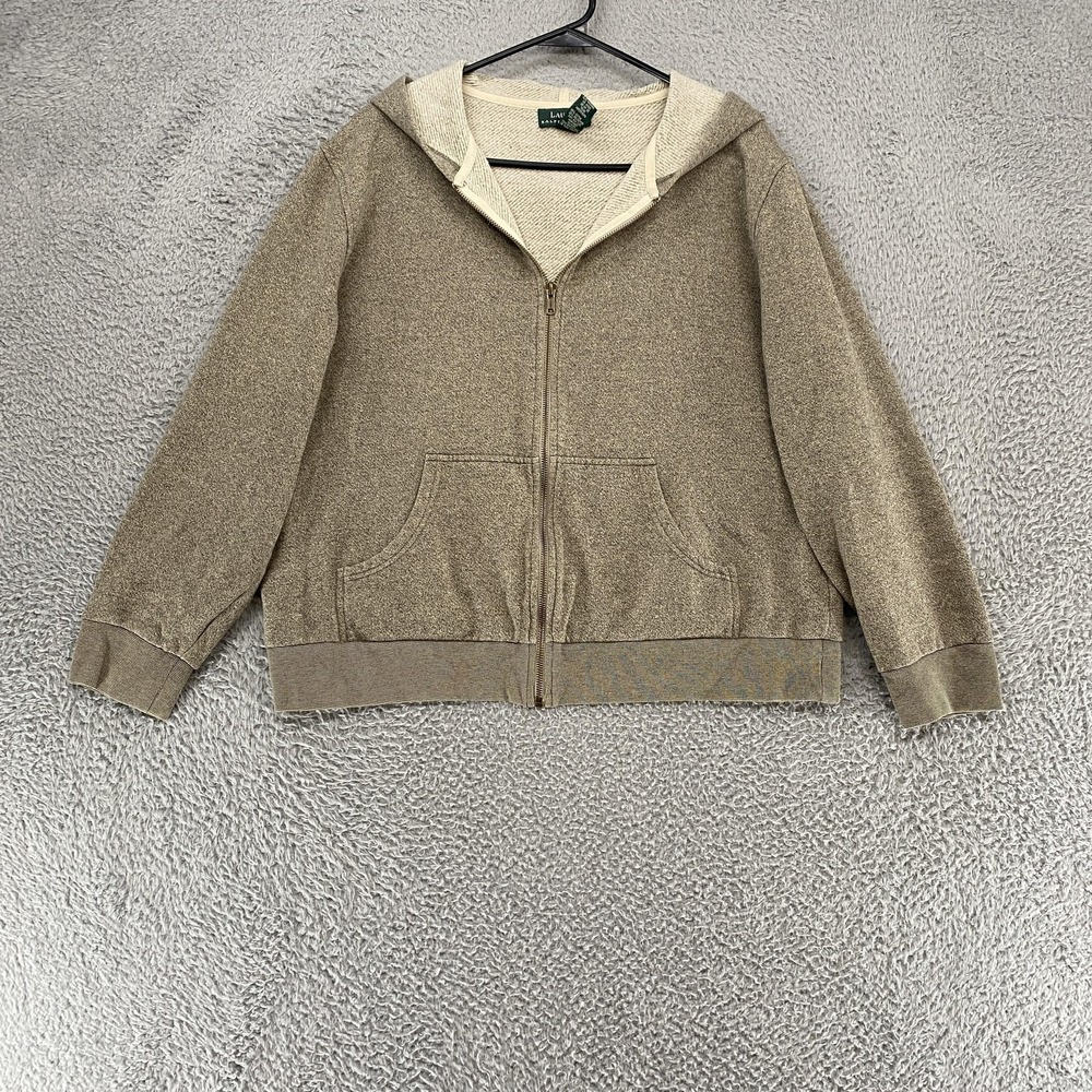 Lauren Ralph Lauren Hoodie Womens Large Beige Full Zip Cotton Blend Made USA